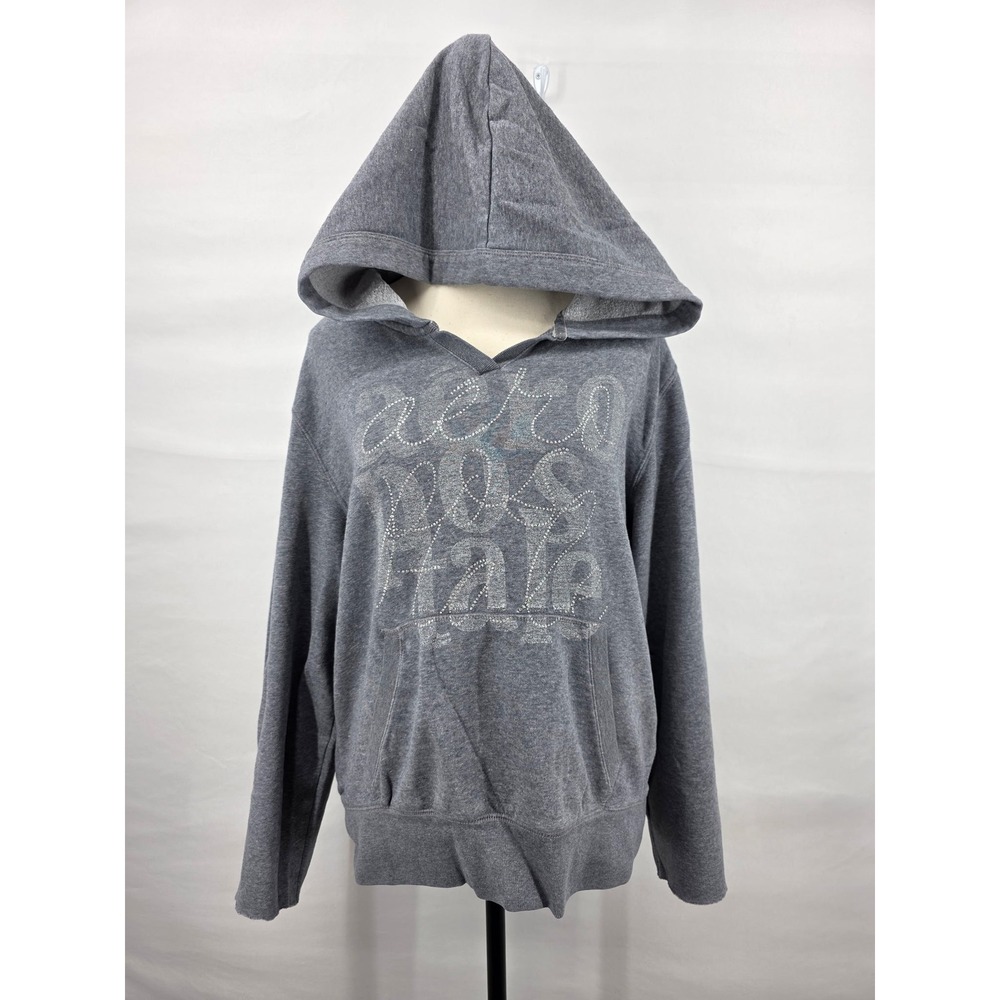 Aeropostale Womens XL Gray Rhinestone Logo Pullover Hoodie Sweatshirt V-Neck